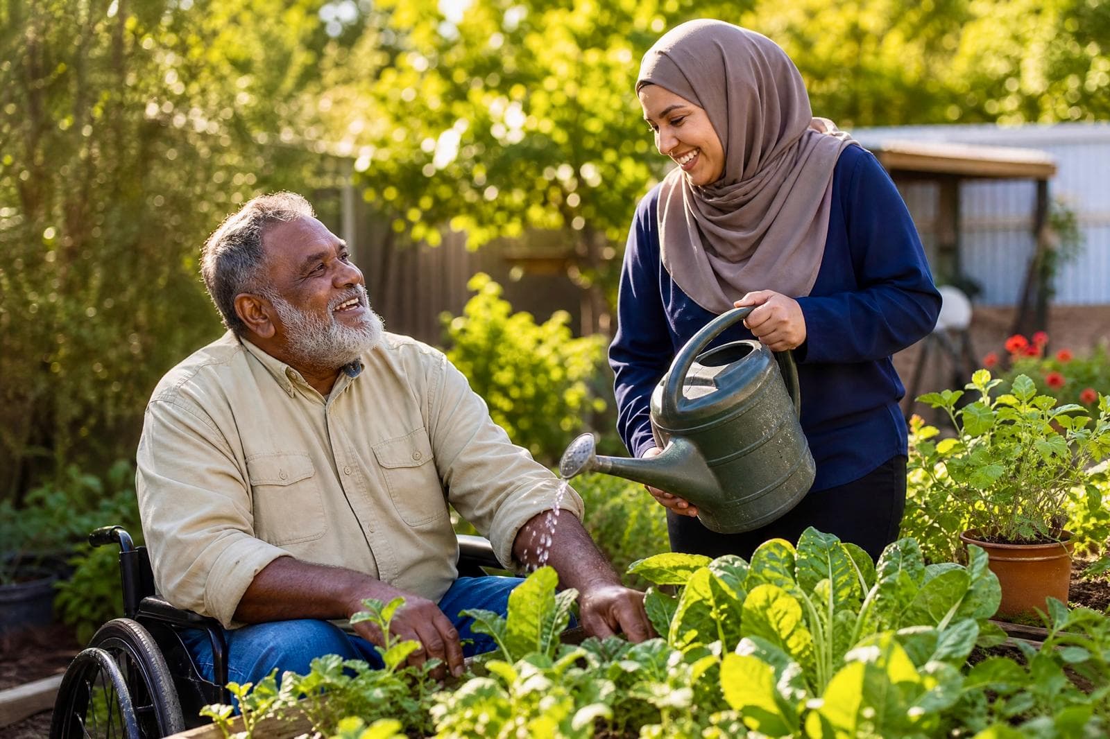 A woman holding a watering can and man using a wheelchair smiling together while watering vegetables in a community garden.