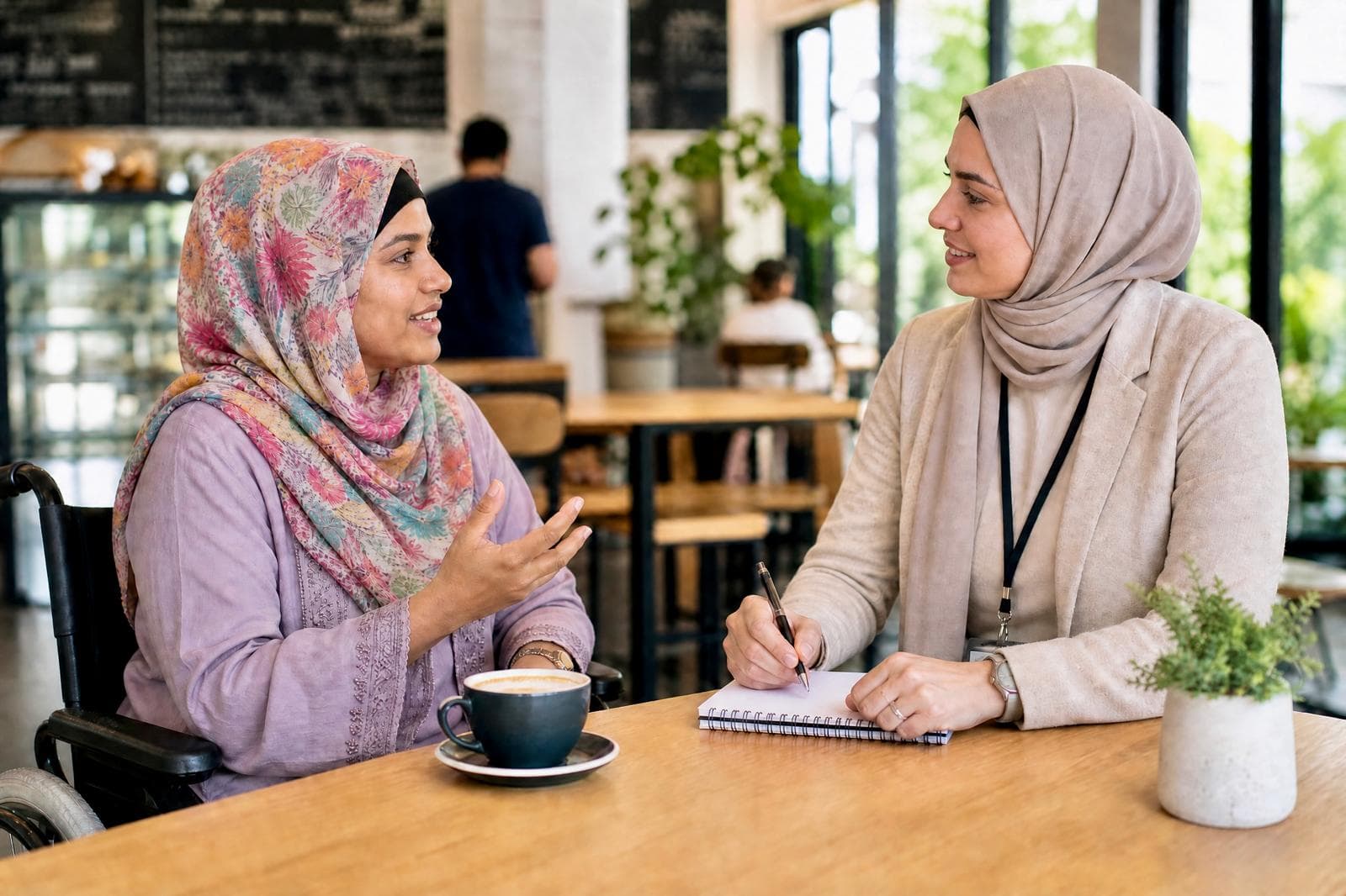 Two women in hijabs have a conversation at a café table, one using a wheelchair and gesturing as she speaks, the other listening attentively and taking notes.