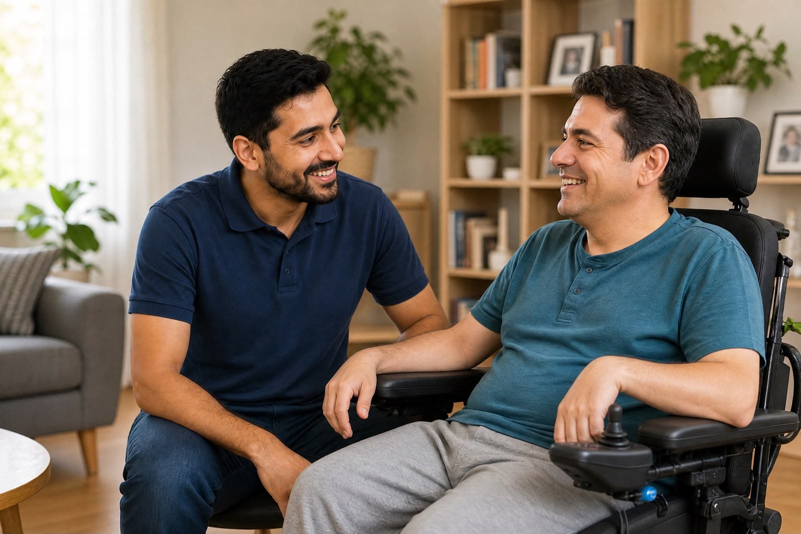 A support worker and an NDIS participant sharing a warm moment.