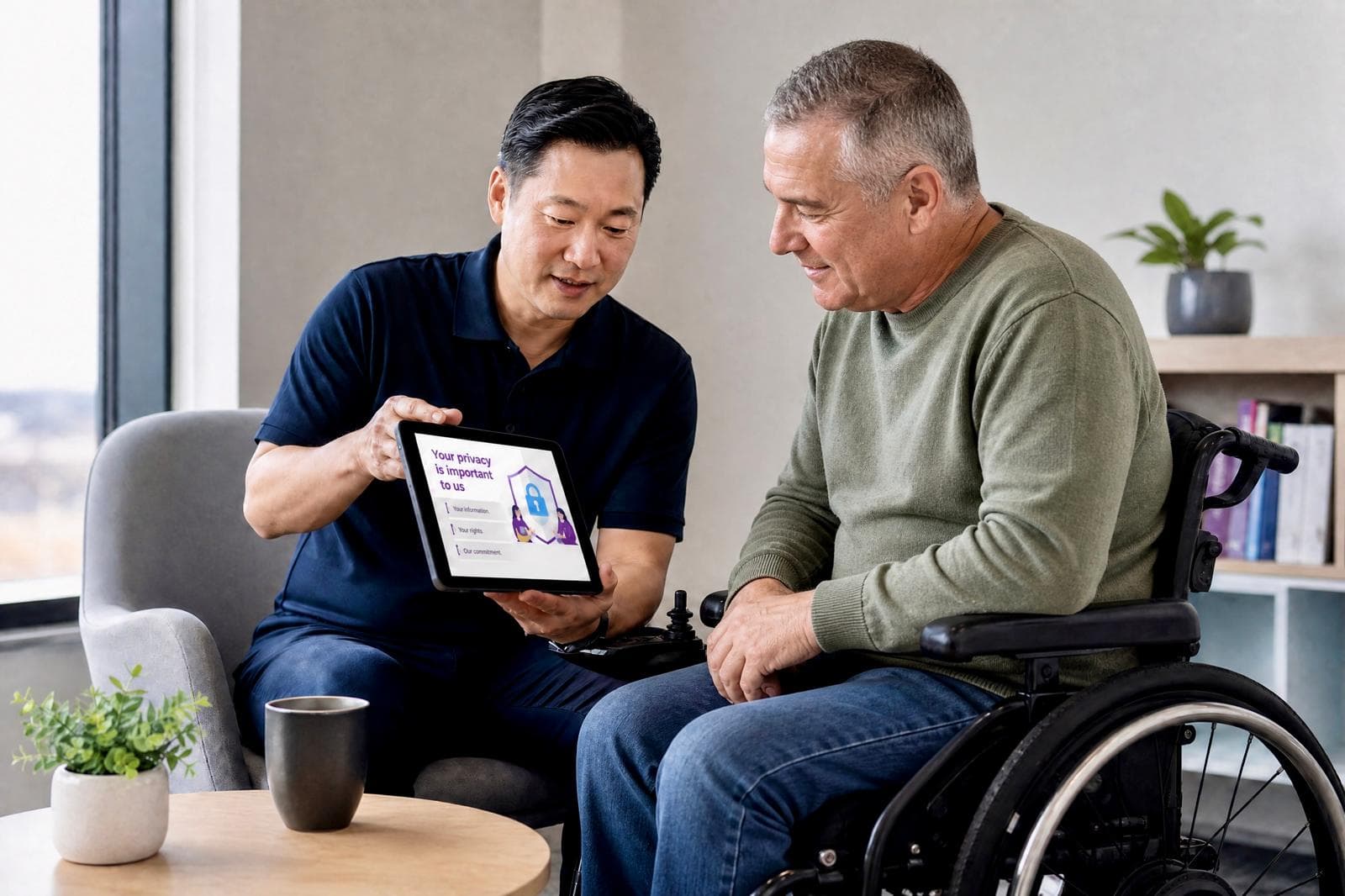 A support worker shows a privacy policy on a tablet to an older man using a power wheelchair, both seated in a comfortable office space.